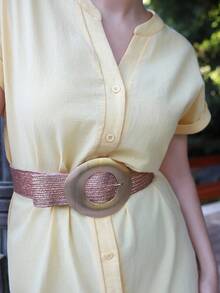 Gretanique 女士度假休闲纯色前扣连衣裙 - 黃色 - 查看 3