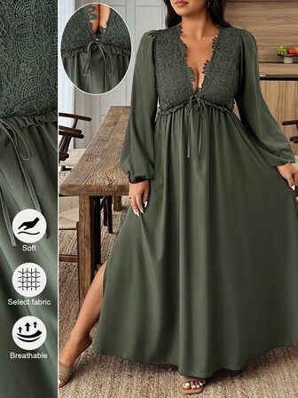 EMERY ROSE Vestido casual de talla grande de unicolor con parches de encaje