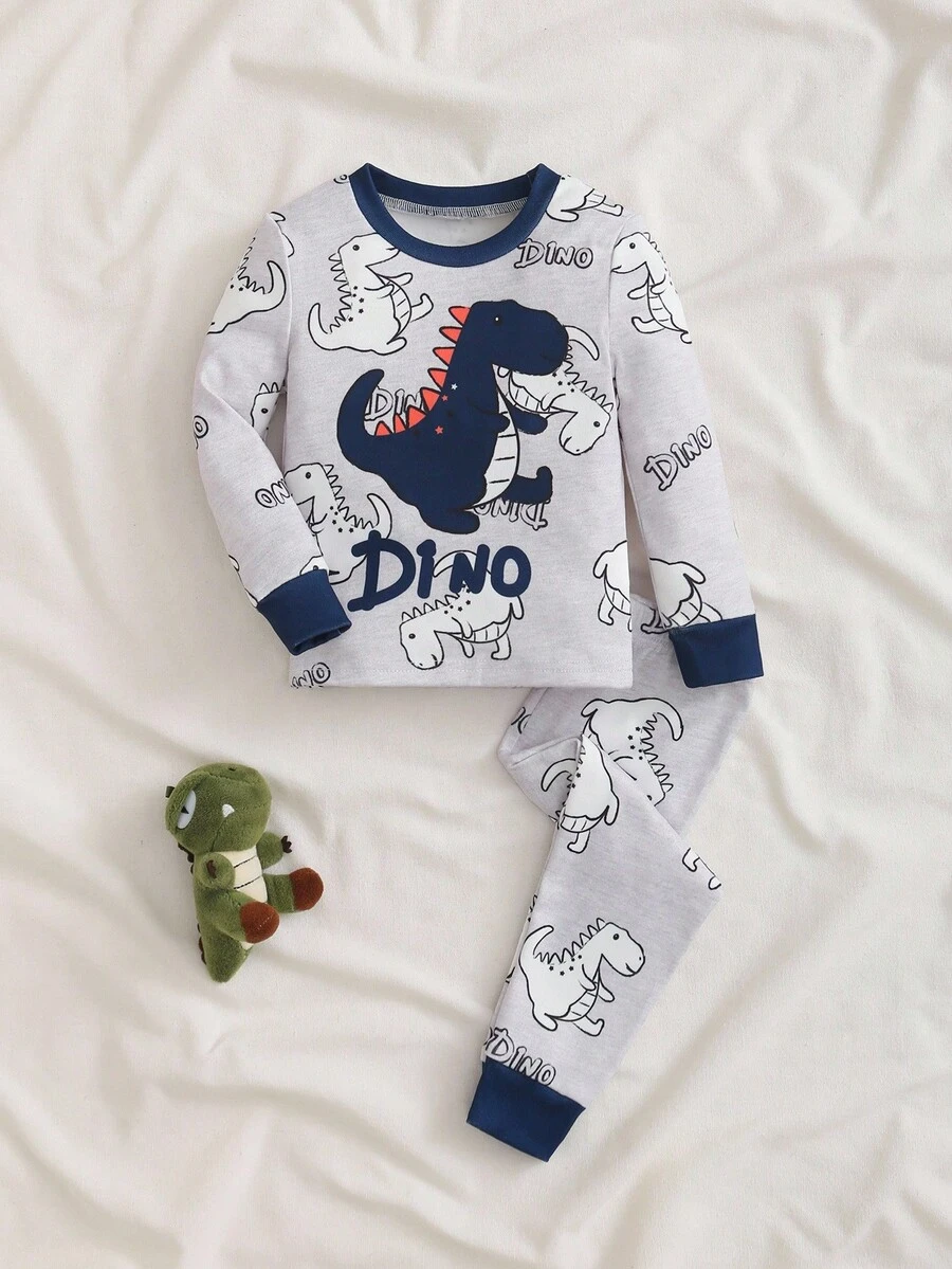 Toddler Boys' Cartoon Dinosaur & Letter Print Crew Neck Long Sleeve Top And Elastic Waist Pants Pajama Set, Spring/Autumn - Light Grey - View 1