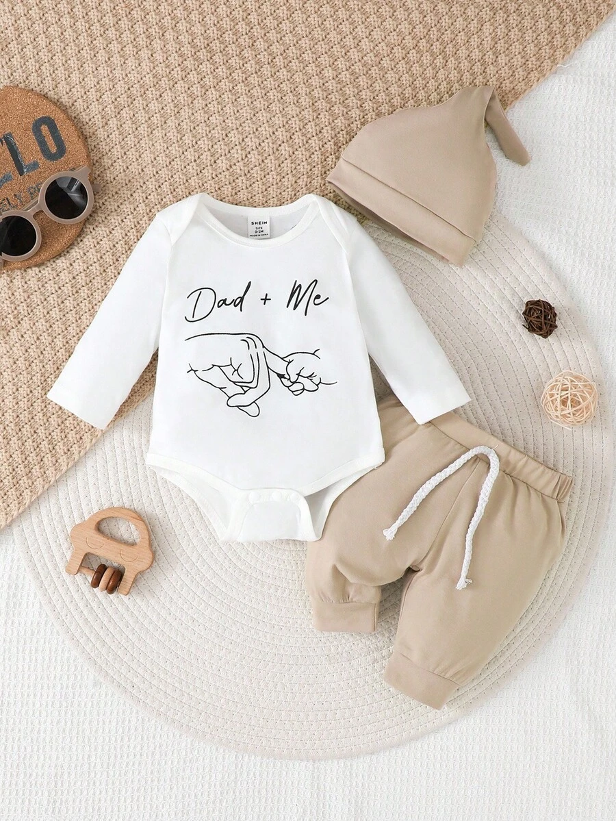 SHEIN Vintaside Kids 新生儿字母手势印花长袖连体衣和裤子休闲套装，含帽子，适合秋冬季穿着。 - 杏色 - 查看 1