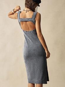 Bohemela Váy midi không tay dệt kim màu trơn đơn giản dành cho nữ - Xám - Xem 2