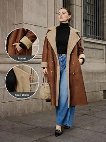Easura Plus Size Women Faux Shearling Long Sleeve Mid-Length Jacket, Fashionable Winter Fall Autumn