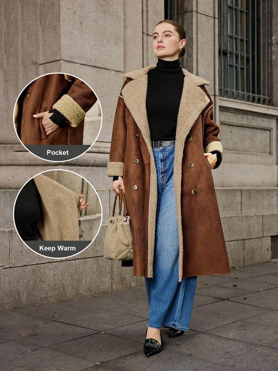 Easura Plus Size Women Faux Shearling Long Sleeve Mid-Length Jacket, Fashionable Winter Fall Autumn