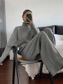 DAZY 女士秋季高领系带上衣和宽松长裤针织两件套 - 深灰色 - 查看 6