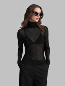 Ontre 2026SS Stockholm Style, Women's Teacher Outfit, Autumn Clothing, High Collar Turtleneck Knit Top, Elegant Blouse, Mesh Long Sleeve Shirt, Business Casual Women's Basic Top Modern Urban Casual Fashion Business Casual Women's Office Wear Low-Key Old Money Style Effortless Temperament High-End Urban Commuting High-Quality Airport Women's Wear High-End Material