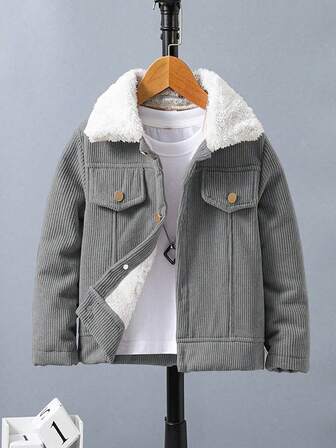 SHEIN Tween Boy Casual Retro Fleecejacka med Manchesterkrage, Lämplig för Skolutflykter Höst/Vinter