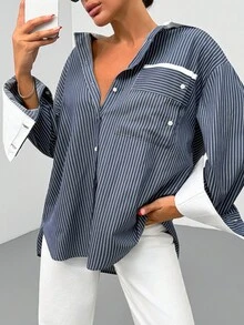 SHEIN Áo sơ mi nữ cài nút sọc xanh navy có cổ và túi màu trắng tương phản - Xanh và trắng - Xem 1