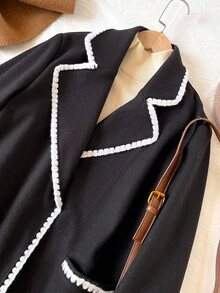 优雅休闲黑色外套，适合青春期女孩，白色蕾丝边，修身剪裁，精致衣领，时尚别致 - 黑色 - 查看 3