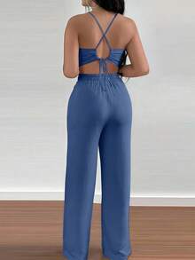 INAWLY 2 件套休闲露肩系带吊带背心和直筒裤套装