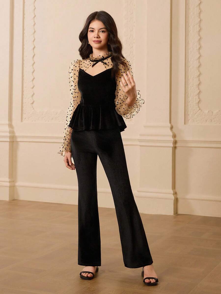 Teenage Long Sleeve Ruffle Collar Polka Dot Patchwork Blouse + High Waist Flare Pants Set Fall Winter - Black - View 1
