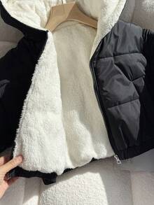 SHEIN 少女休闲短款连帽棉衣，保暖内衬，宽松版型，舒适，适合秋冬季、日常穿着、户外、派对、拍照 - 黑色 - 查看 6