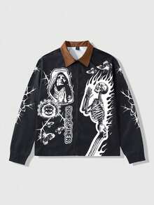 ROMWE MEN Goth Camicia casual da uomo con stampa di teschi e lettere, con chiusura lampo, autunnale