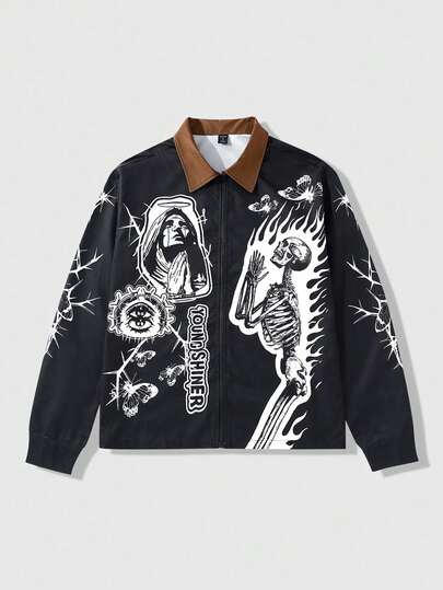 Goth Camisa casual con cremallera con estampado de calavera y letras para hombre, otoño