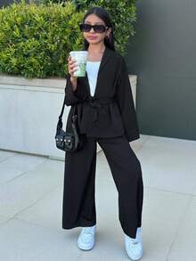 Firerie Kids Firerie Kids Tween Girl Elegant Casual Holiday Lapel Waist Tie Loose Shacket And High Waist Relaxed Pants, Suitable For Autumn And Summer Fall Winter - Black - View 6