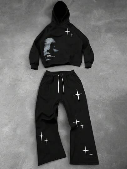 PAVTROS Manfinity Streetrush 2pcs Men Face & Letter Print Casual Hoodie & Sweatpants Set, Suitable For Indoor & Outdoor, Fall Outfit Perfect Gift For Husband Or Boy Friend , Over Size For Women Men Gifts Boyfriend Gifts   Fall Men Clothes Autumn Outfits Men Clothes