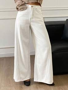 Dazy Tall Quần jeans nữ ống rộng màu trắng, dáng suông, có túi, kiểu dáng thường ngày. - trắng - Xem 4