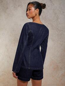 COSMINA Áo denim nữ cổ vuông tay dài, cài nút đơn thời trang, mùa thu - Rửa tối - Xem 3