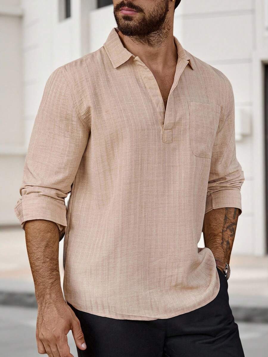 Manfinity Homme Men's Striped Casual Loose Half-Placket Polo Neck Shirt Men Cream Shirt, For Fall - Camel - View 1
