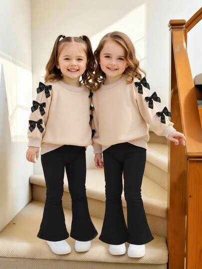 Emery Rose Kids Emery Rose Kids 2件套少女纯色圆领休闲运动衫和紧身裤套装