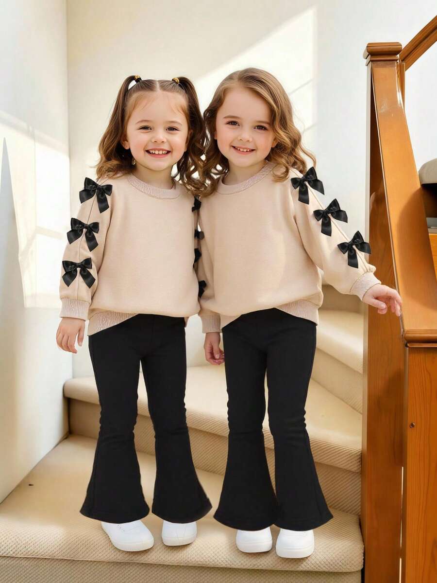 Emery Rose Kids Emery Rose Kids 2件組女孩純色圓領休閒衛衣與喇叭褲套裝,開學季夏季校園兒童穿搭,青少年蝴蝶結袖秋季上衣 - 卡其色 - 查看 1