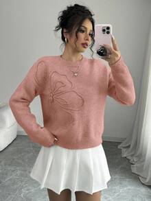 Elenzga 女式圆领花卉图案纯色套头衫 - 粉色 - 查看 4