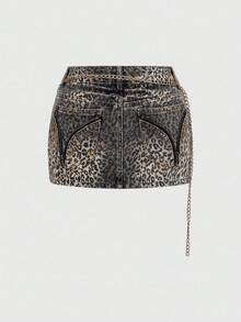 ROMWE Grunge Punk Spring Y2K Leopard Print Metallic Rhinestone Chain Decor Ultra Low Waist Mini Denim Skirt - Black - View 2