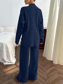 SHEIN Cottnline Rib Pattern Pocket Pullover Pant Knit Set - Navy Blue - View 2