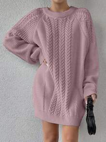 EURMUSE Raglan Sleeve Cable Knit Sweater Dress Without Belt - Lilac Purple - View 8