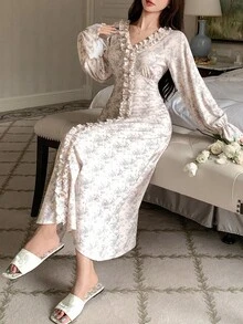 DAZY Camisón largo con cintura ceñida con estampado de plantas y ribete de volantes, pijama de otoño/invierno para mujer - Blanco - Ver 3