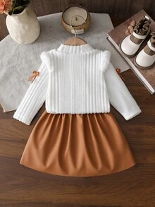 SHEIN 2 件套女婴时尚可爱蝴蝶针织毛衣上衣和裙子套装，春秋 - 彩色 - 查看 2