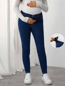 SHEIN 孕妇休闲水洗高腰修身牛仔裤 - 深色水洗藍 - 查看 1