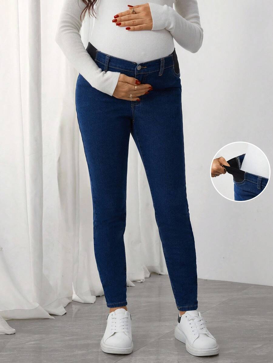 SHEIN 孕妇休闲水洗高腰修身牛仔裤 - 深色水洗藍 - 查看 1