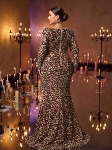 Glamrae Große Größen elegantes luxuriöses Leopard Muster Pailletten verziertes Kleid mit Herzausschnitt, Langarm und figurbetontem Meerjungfrauensaum, geeignet für Abendpartys, Dates, Proms, Hochzeiten, Abschlussfeiern, Urlaub - Verschiedenfarbig - Übersicht 6