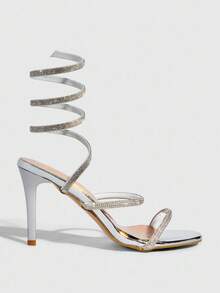 CUCCOO SZL Pointed Toe Stiletto Rhinestone Embellished Sexy Women's High Heel Sandals - Silver - View 4