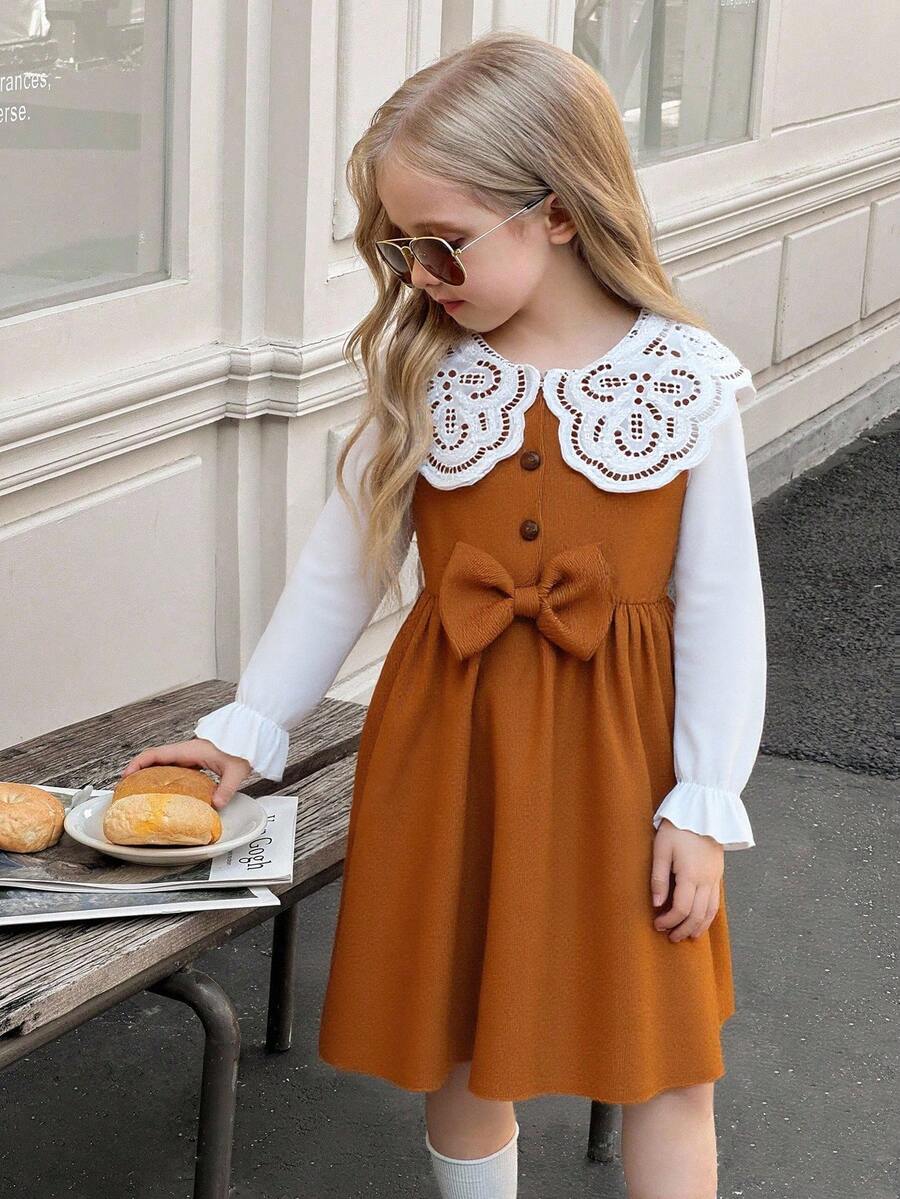 Elladie kids Robe de mode confortable pour l'automne/hiver avec col à volants, manches longues, épissure blanche et décoration de nœud de café mignon pour jeune fille - Café - Voir 1