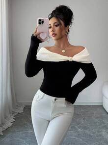 DAZY Suéter elegante de mujer con bloqueo de color y hombros descubiertos, otoño/invierno