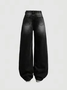 SHEIN Girlism 少女Y2K宽松休闲牛仔裤，带口袋和阔腿设计，适合秋季返校季，阔腿牛仔裤，超大款牛仔裤，黑色宽松牛仔裤，黑色宽松牛仔裤，宽松牛仔裤 - 黑色 - 查看 2