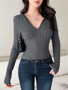 Modelyn V-Neck Cable Knit Pullover Sweater, Slim Fit, Hooded Autumn Winter Clothes For Women - Dark Grey - View 1