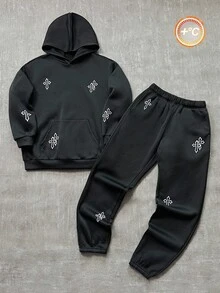 SHEIN 青少年男孩黑色撞色超大运动衫和运动裤套装，十字印花，休闲，舒适，百搭，面料柔软，适合日常穿着、上学、郊游、户外运动、秋冬 - 黑色 - 查看 5