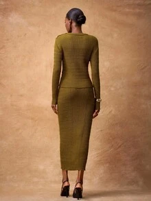 Zivah Autumn Women Sweater 2-Piece Set,Olive Green Elegant Work Crew Neck Long Sleeve Loose Knit Top&Straight Pencil Skirt With Metal Button Decor,Cozy - Mustard Yellow - View 6