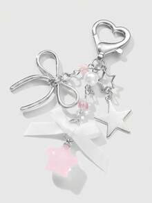 ROMWE Kawaii 1 件 Ins 风格可爱女孩优雅优质银链仿珍珠粉色丝带亚克力蝴蝶结星星钥匙扣，适合女士和女孩，日常穿着和节日礼物情人节 - 銀色-63 - 查看 4