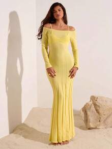 Opulessa Vestido de punto maxi de unicolor elegante con hombros descubiertos, tirantes finos y cola de pez para mujer en otoño/invierno - Amarillo - Ver 3