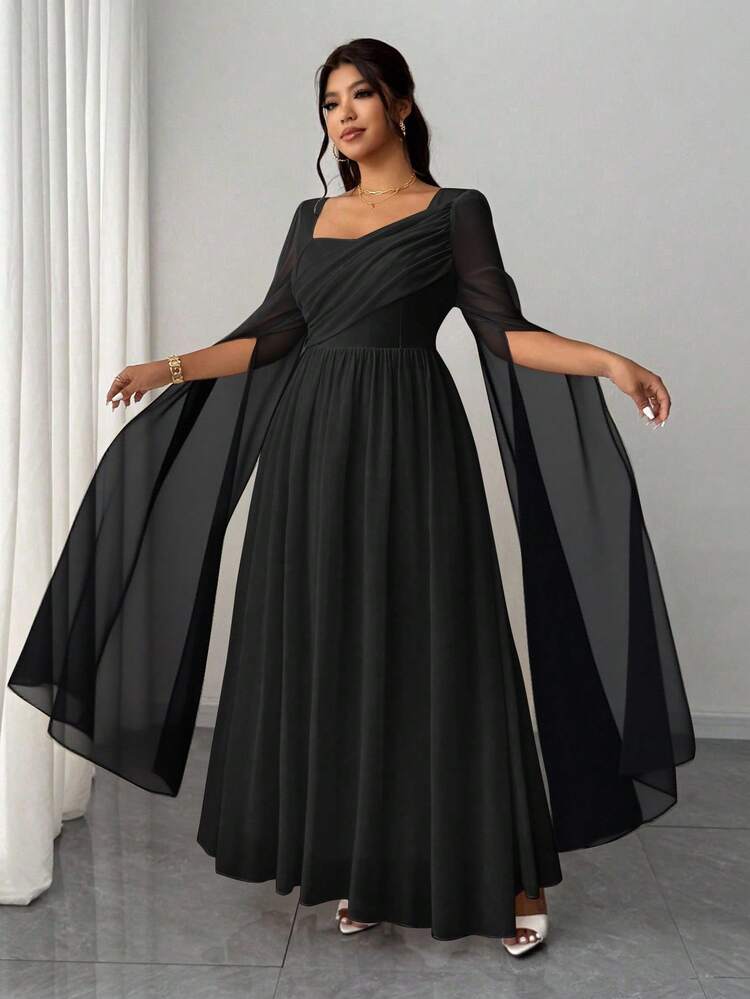 Elenzga Plus Size Women Elegant Black Winter Chiffon Flowy Square Neck Long Sleeve Cinched Waist A-Line Maxi Dress,Formal Evening Party Wedding Guest Fall