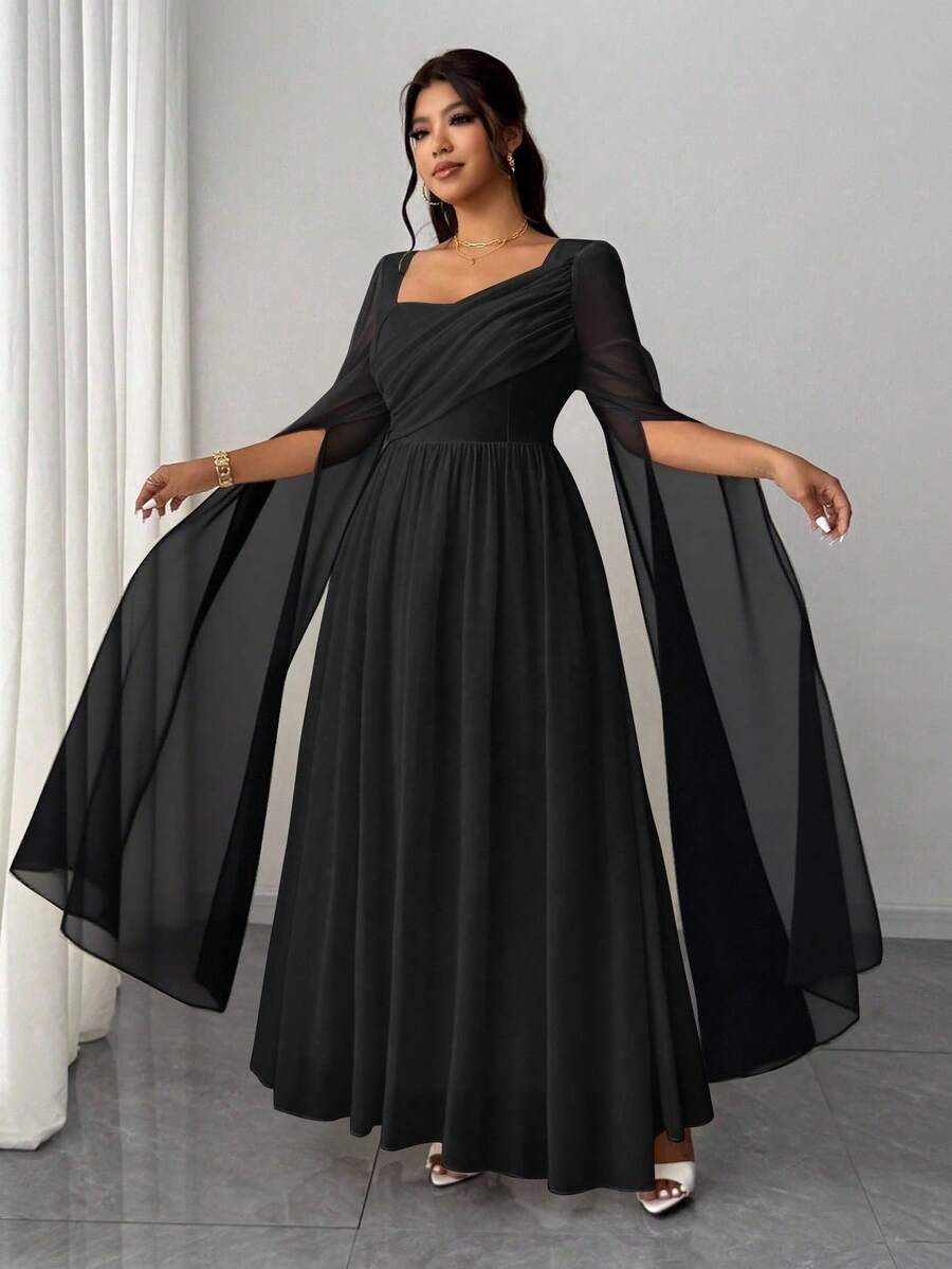 Elenzga Đầm maxi chữ A cổ vuông tay dài thanh lịch lãng mạn bằng vải voan mềm mại dành cho nữ cỡ lớn, thích hợp cho tiệc tốt nghiệp, tiệc tùng, khách dự tiệc cưới - màu đen - Xem 1