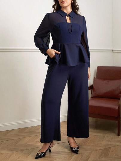 Chikora Plus Size Elegant Commuter Solid Color Ruffle Jumpsuit Plus Size Jumpsuit Plus Size Elegant Jumpsuit Plus Size Office Wear Pant Suits For Women Curve Business Casual Outfits Plus Size Dressy Jumpsuits Plus Size Elegant Jumpsuits Plus Size Pant Suit Classy Outfits For Women Fall Clothes Plus Size Chic Women's Jumpsuit