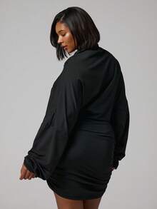 MUSERA Đầm ngắn tay dài cổ cao xếp ly ôm sát dành cho người có thân hình đầy đặn, thích hợp đi chơi, dự tiệc mùa hè. - màu đen - Xem 4