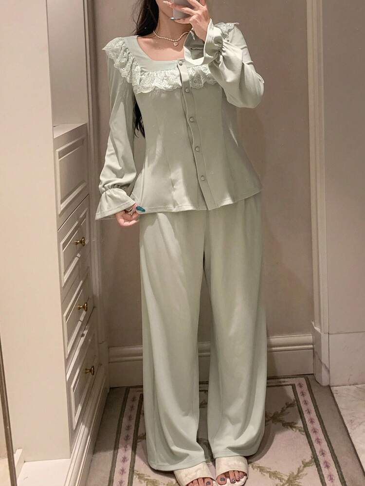 Women's Romantic Lace Trim Brushed Pajama Set, Winter, Fall Clothes