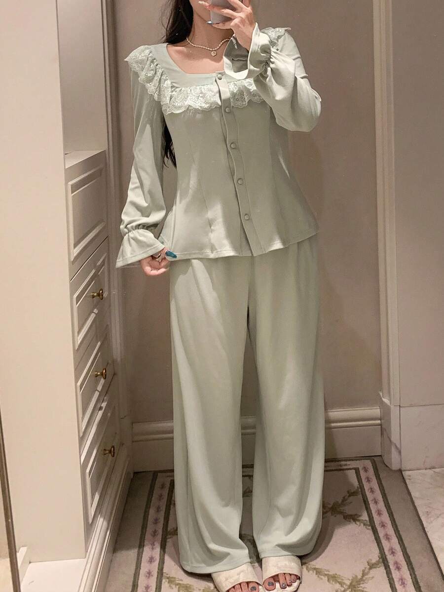 DAZY 女士浪漫蕾丝边拉绒睡衣套装,冬季、秋季服装 - 綠色 - 查看 1