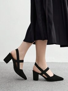 CUCCOO BIZCHIC Women's Fashion Black Comfortable Elastic Band Pointed Toe Chunky High Heel Pumps, Essential For Commuting, Vacation And Outings For Christmas Spring Shoes - Black - View 3