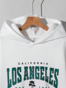 SHEIN Teens Young Men's White Autumn Y2K Graduation Back-To-School California Los Angeles Letter Graphic Print Hooded Pullover Sweatshirt,Casual Streetwear - White - View 6